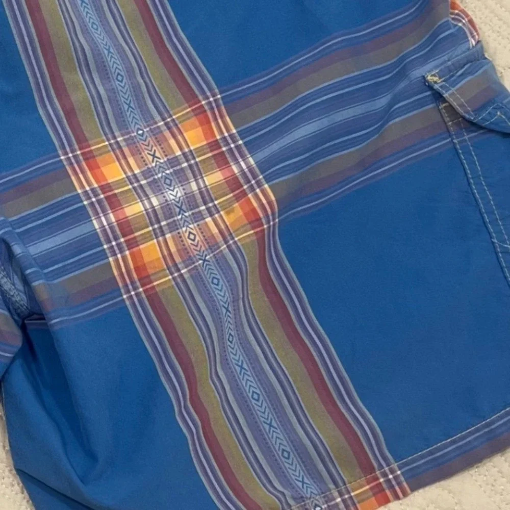 Polo Ralph Lauren Mens‎ Blue Plaid Geometric Aztec Swim Trunks Board Shorts Sz L